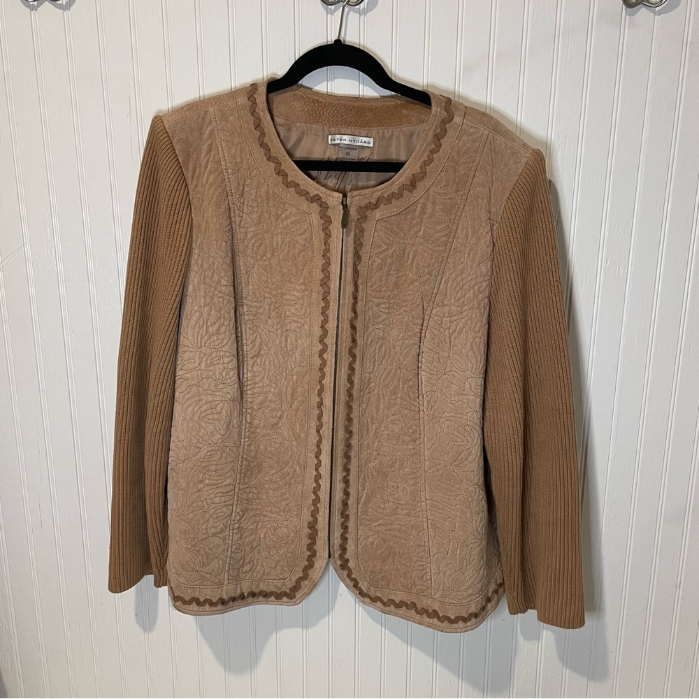 Peter Nygard Womens Jacket 2X Plus Size Suede Brown Leather Zip Embroidered Knit